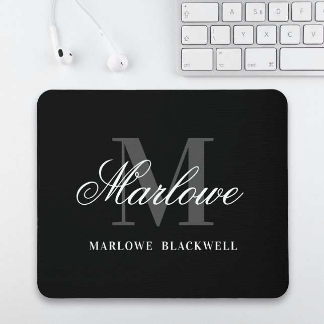 Modern Black Grey Monogram Script Mouse Pad (Creator Uploaded)