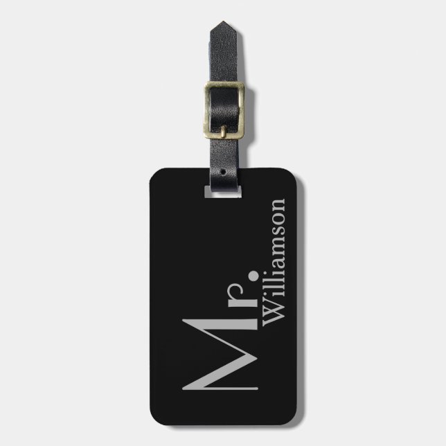 Modern Black Grey Mr Travel Luggage Tag (Front Vertical)