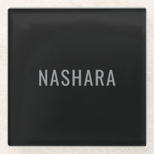 Modern Black Grey Personalized Name Glass Design Coaster