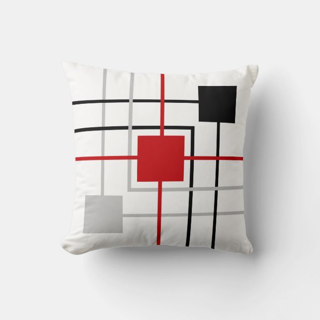 Modern Black Grey Red Lines & Squares Throw Pillow (Front)