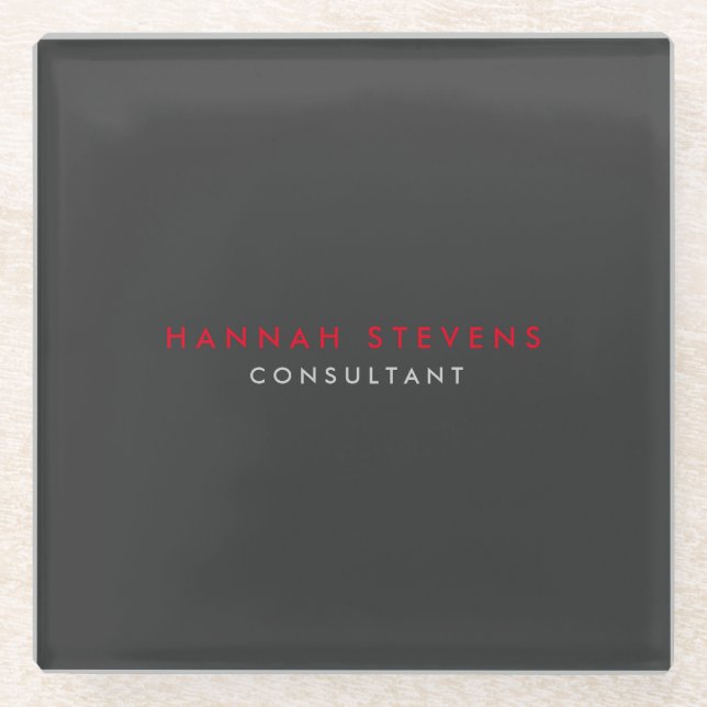 Modern Black Grey Red Professional Your Name Glass Coaster (Front)