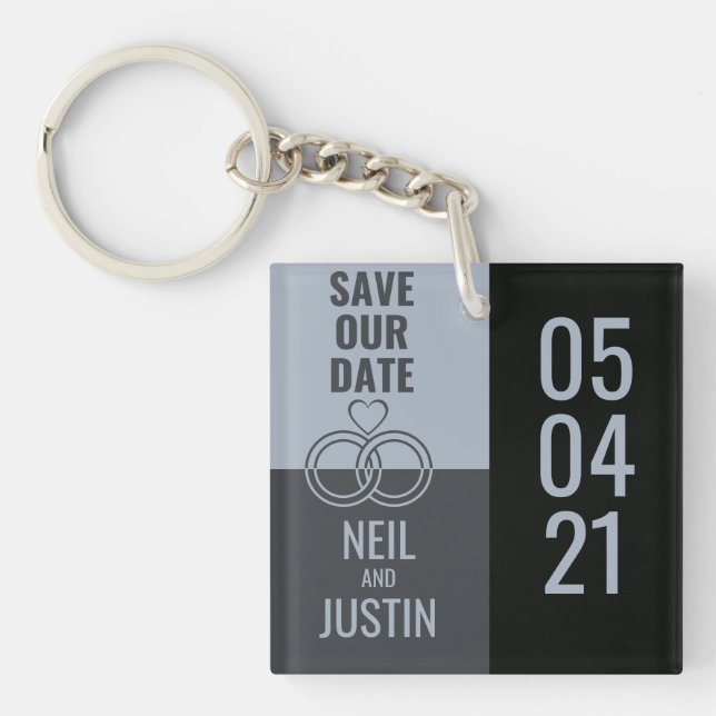 Modern Black & Grey Save The Date Keychain (Front)