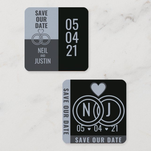 Modern Black & Grey Save The Date Square Business Card (Front/Back)
