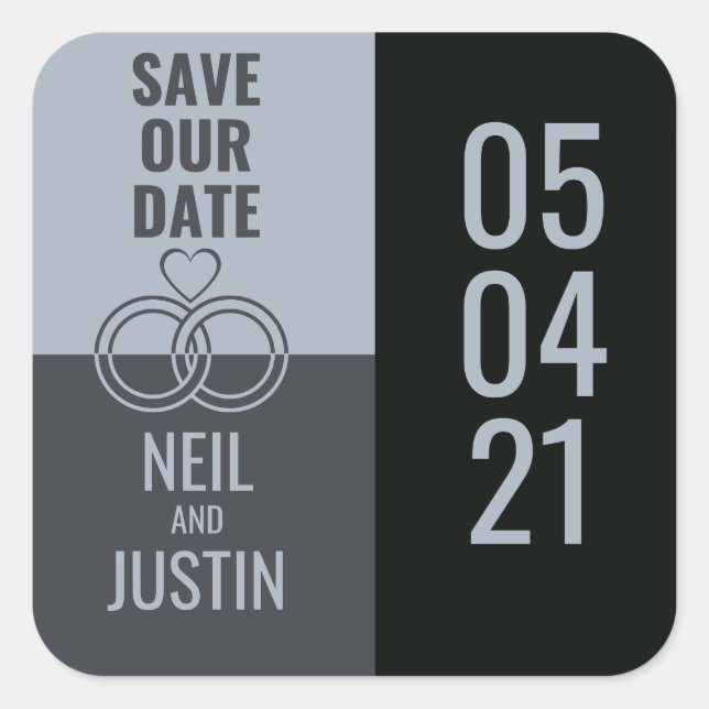 Modern Black & Grey Save The Date Square Sticker (Front)