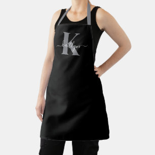 Modern Black Grey Script Monogram Apron