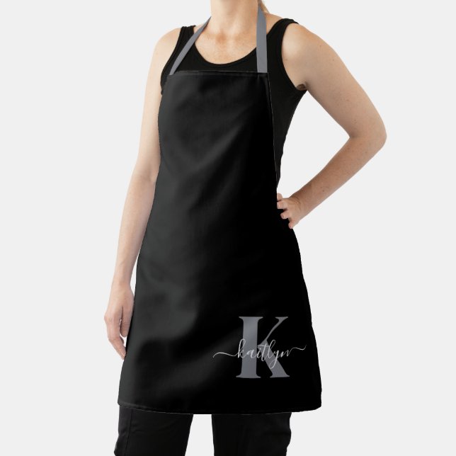Modern Black Grey Script Monogram Apron (Insitu)