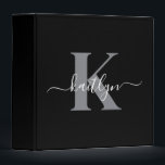 Modern Black Grey Script Monogram Binder<br><div class="desc">This simple, elegant black 2" capacity 3 ring binder with your first name in a trendy script font in white typed over your first initial in a modern cap font in grey is perfect for keeping your recipes, photos, papers neat and tidy. It's stylish and trendy and yet very classic....</div>