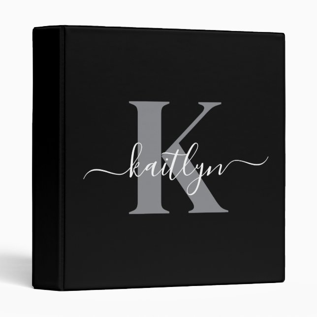 Modern Black Grey Script Monogram Binder (Front/Spine)