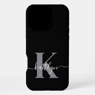 Modern Black Grey Script Monogram iPhone 16 Pro Max Case