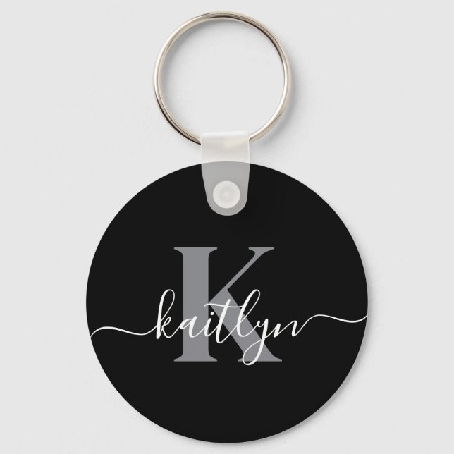 Modern Black Grey Script Monogram Keychain (Front)