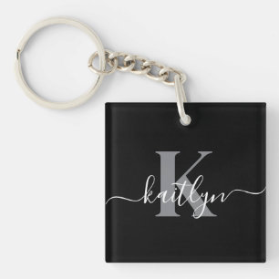Modern Black Grey Script Monogram Keychain