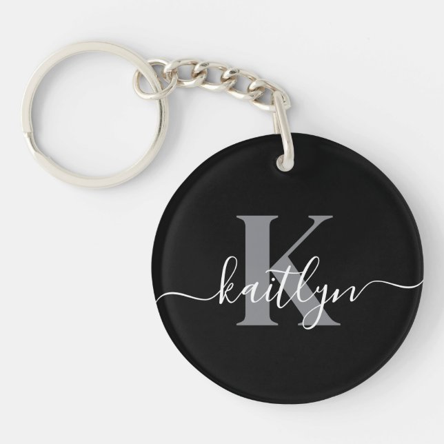 Modern Black Grey Script Monogram Keychain (Front)