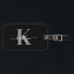 Modern Black Grey Script Monogram Luggage Tag<br><div class="desc">This simple, elegant black luggage tag with your first name in a trendy script font in white typed over your first initial in a modern cap font in grey on one side and a slide in card for your name, address and phone number on the other would look fabulous on...</div>