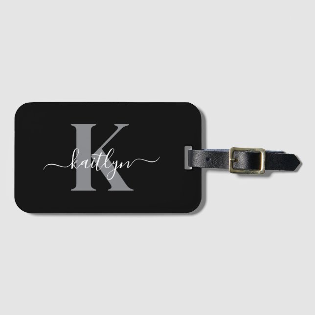 Modern Black Grey Script Monogram Luggage Tag (Front Horizontal)