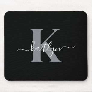 Modern Black Grey Script Monogram Mouse Pad