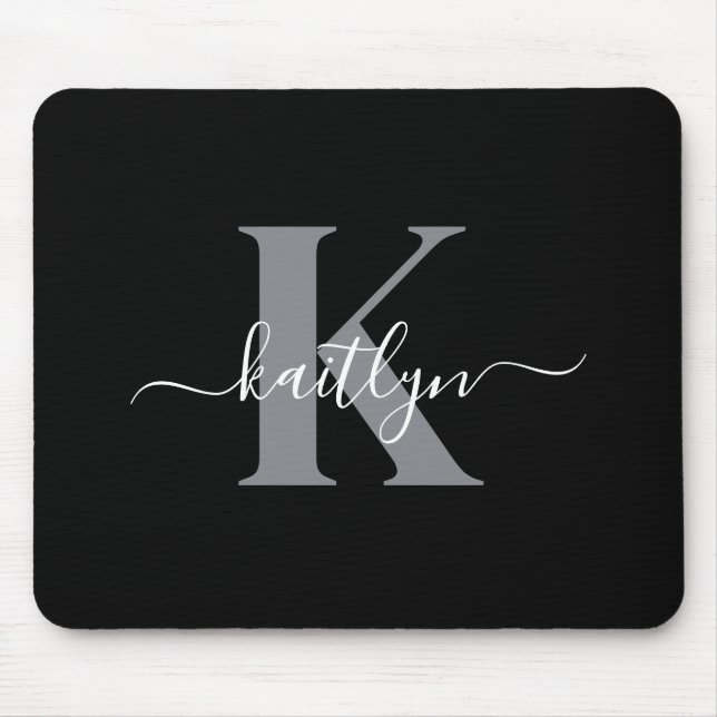 Modern Black Grey Script Monogram Mouse Pad (Front)