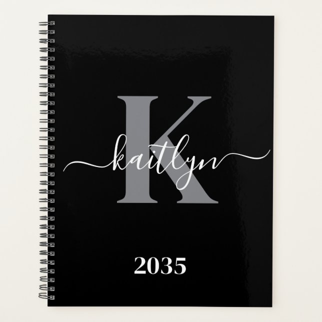 Modern Black Grey Script Monogram Planner (Front)