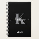 Modern Black Grey Script Monogram Planner<br><div class="desc">This simple, elegant black 5.5 x 8.5 soft planner with your first name in a trendy script font in white typed over your first initial in a modern cap font in grey is perfect for you. It's stylish and trendy and yet very classic. It will make keeping appointments, meetings, deadlines,...</div>