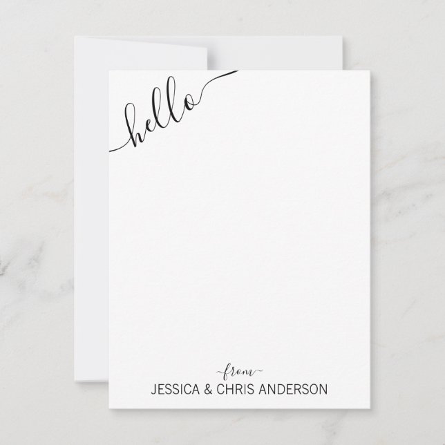 Modern Black Grey Script Slanted Hello From Couple Card (Front)