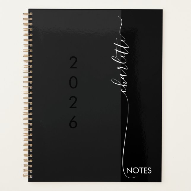 Modern Black Grey Scripted Name Yearly Planner (Devant)