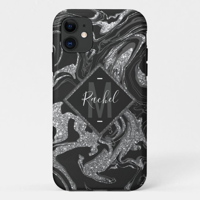 Modern Black Grey Silver Glitter Marble Case-Mate iPhone Case (Back)