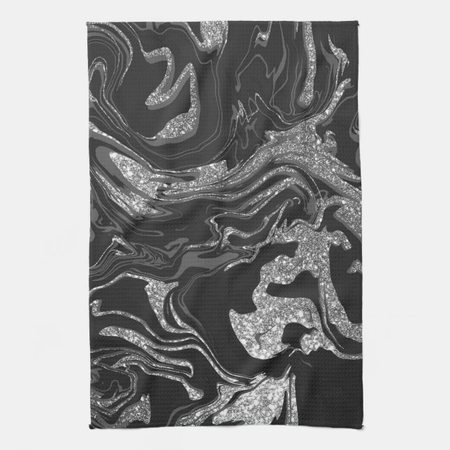 Modern Black Grey Silver Glitter Marble Kitchen Towel (Vertical)