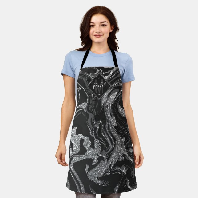 Modern Black Grey Silver Glitter Marble Monogram Apron (Worn)