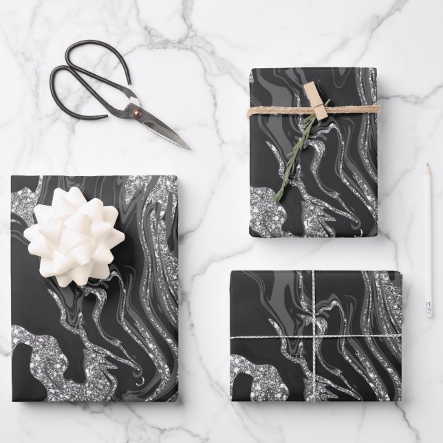 Modern Black Grey Silver Glitter Marble Wrapping Paper Sheet (Front)