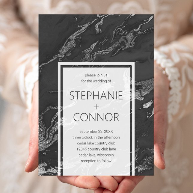Modern Black Grey Silver Marble Wedding Invitation (Creator Uploaded)