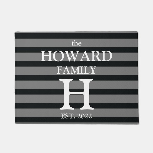 Modern Black Grey Stripes Monogram Name Wedding Doormat (Front)