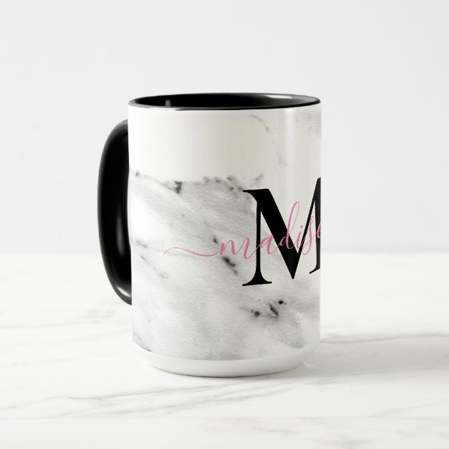 Modern black grey white marble pattern monogram mug (Front Left)