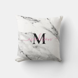 Modern black grey white marble pattern monogram throw pillow
