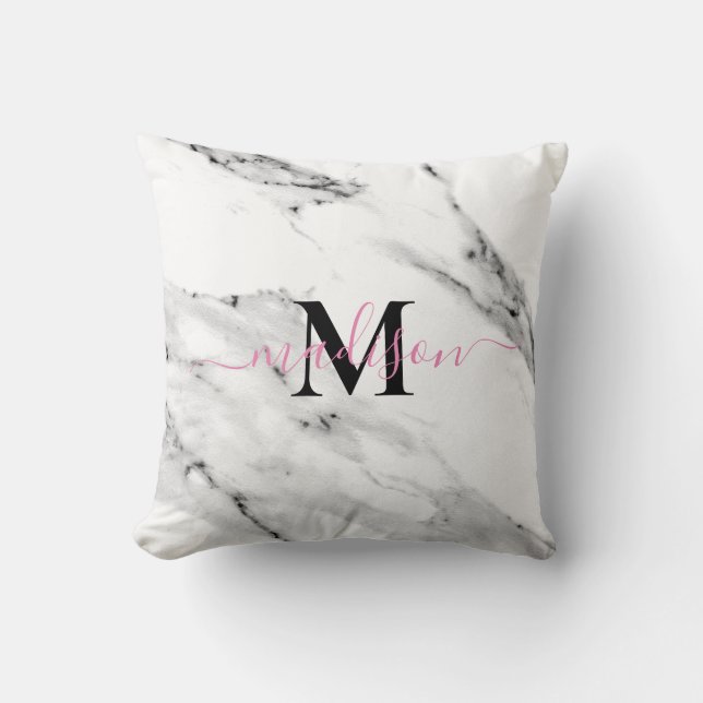 Modern black grey white marble pattern monogram throw pillow (Front)
