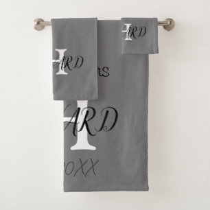 Modern Black Grey White Monogram Name Newlyweds B Bath Towel Set