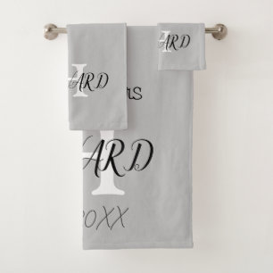 Modern Black Grey White Monogram Name Newlyweds  Bath Towel Set