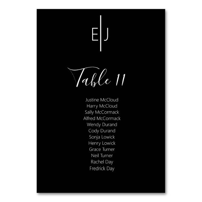 Modern Black Guests  Seating List  Table Number (Front)
