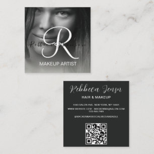 Modern black hair makeup photo initial qr code square business card