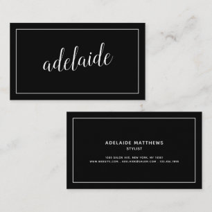 Modern black hair stylist script signature chic business card