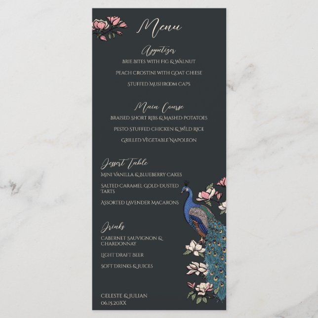 Modern Black Hand-Drawn Peacock Wedding Menu (Front)
