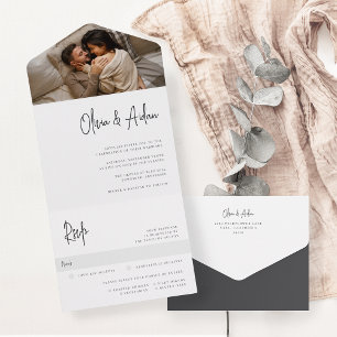 Modern Black Handwritten Script Photo Wedding All In One Invitation