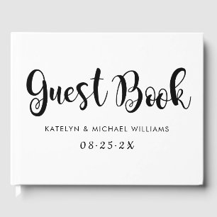 Modern Black Handwritten Script Wedding Monogram Guest Book