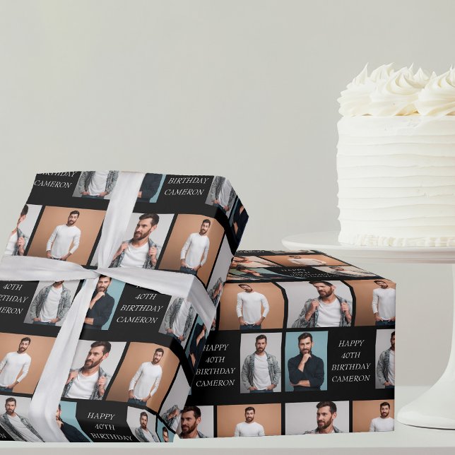 Modern Black Happy Birthday 4 Photo Collage Wrapping Paper (Creator Uploaded)