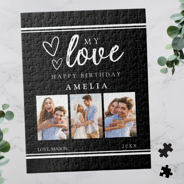Modern Black Happy Birthday Photo Collage Jigsaw Puzzle (Modern Black Happy Birthday Photo Collage Jigsaw Puzzle for Her)