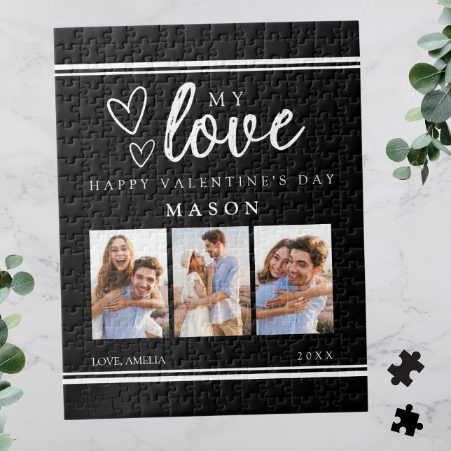 Modern Black Happy Valentine's Photo Collage Jigsaw Puzzle (Modern Black Happy Valentine's Photo Collage Jigsaw Puzzle)