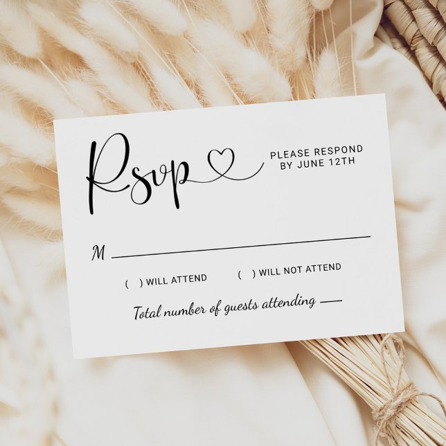 Modern Black Heart Calligraphy Script Wedding RSVP Card (Creator Uploaded)