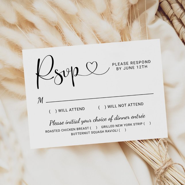 Modern Black Heart Calligraphy Script Wedding RSVP Card (Creator Uploaded)