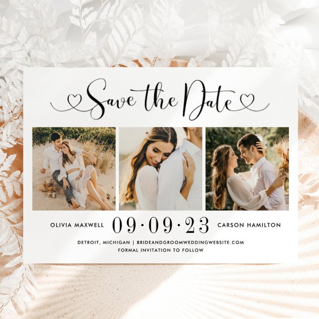 Modern Black Heart Script 3 Photo Wedding Collage Save The Date (Creator Uploaded)