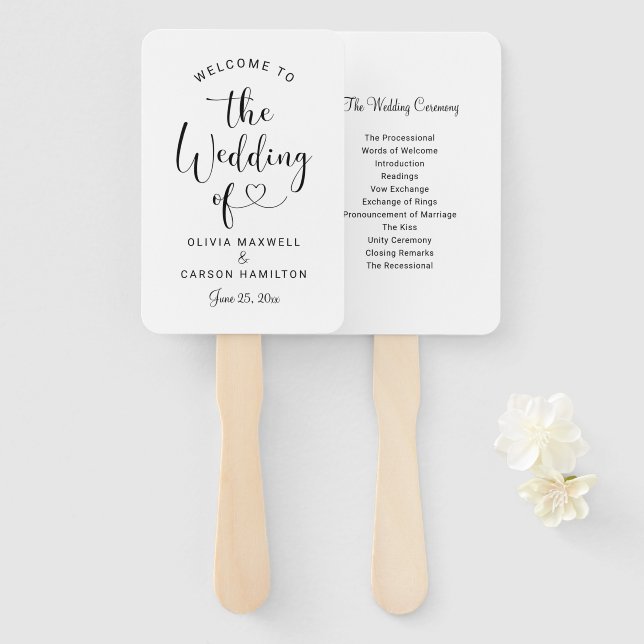 Modern Black Heart Script Wedding Welcome Ceremony Hand Fan (Front and Back)