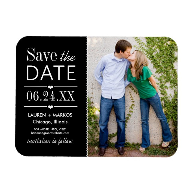 Modern Black Hearts Wedding Photo Save the Date Magnet (Horizontal)