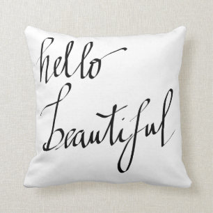 Modern Black Hello Beautiful Script Typography Throw Pillow